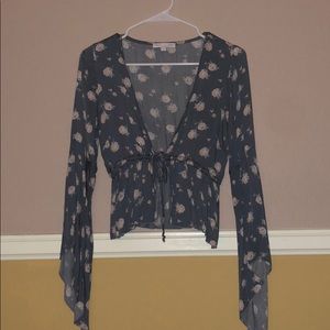 AE floral front tie bell sleeve top